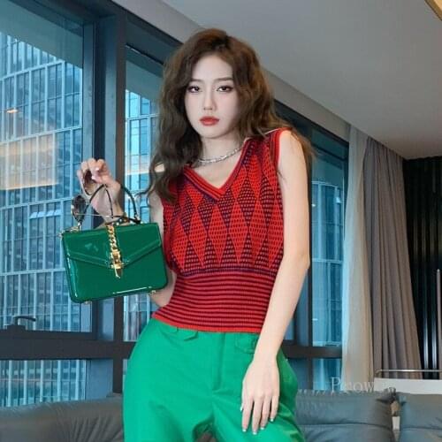 Cropped Argyle Vest Women Knitted Vest Outerwear 2021 Autumn New Korean Style Removable Collar Sleeveless Sweater Vest Slim Tops