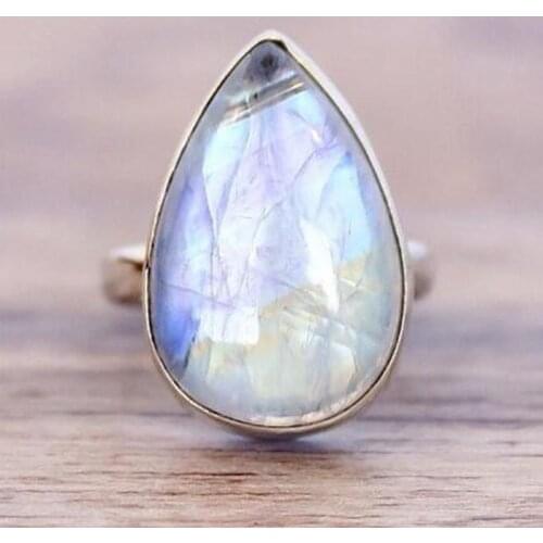 Hyperbole Vintage Moonstone Rings Water Drop Shape White Stone Artificial Glass Ring Female Fashion Jewelry Wholesale Size 6-10