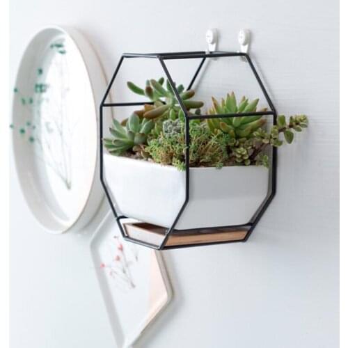 Octagonal Metal Iron Rack Hanging Planter Pot Wall Mounted Flower Pot Set with Metal Stand Holder Geometric Succulent Plant Pots