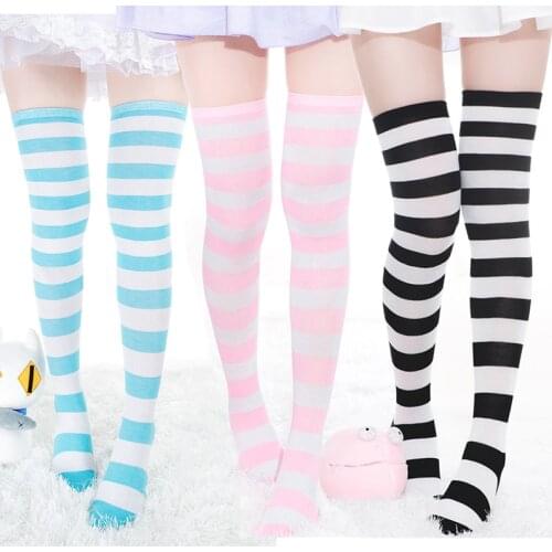 Japanese Harajuku Blue & White Striped Kawaii Anime Girl Lolita Tights Thigh High Stockings