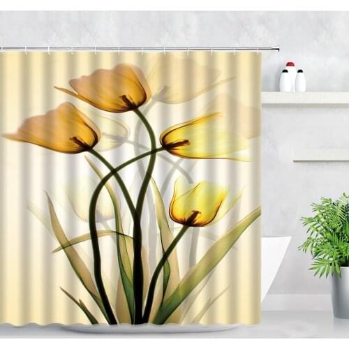 Floral Shower Curtain Set 3D Yellow Tulip Green Leaf Flower Nordic Style Modern Decor Screen Waterproof Fabric Bathroom Curtains