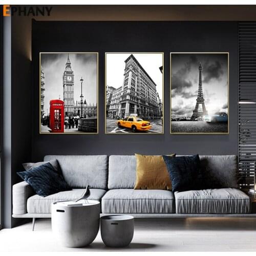 Iron Tower Big Ben Wall Art Canvas Poster Black White City Landscape Print Painting Nordic Decoration Picture for Living Room