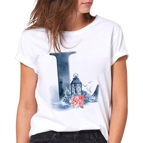 T-shirt Ladies 2021 Flowers L Print 26 Alphabet Women Tshirts Harajuku Casual White Female Tee Top Casual Fashion tshirt femme