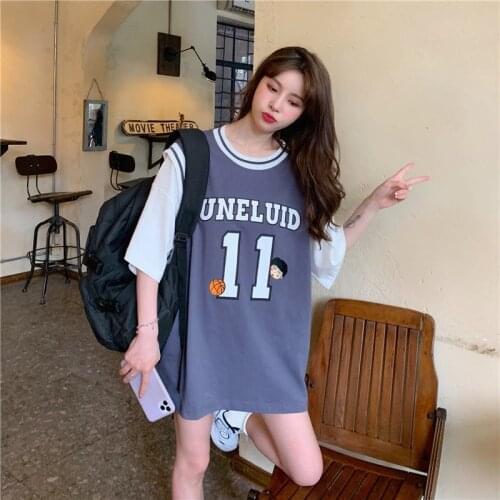 Fake Two-Piece Basketball Uniform 2021 New Trendy Student Korean Version Loose Jersey t-Shirt Female Ins Sh