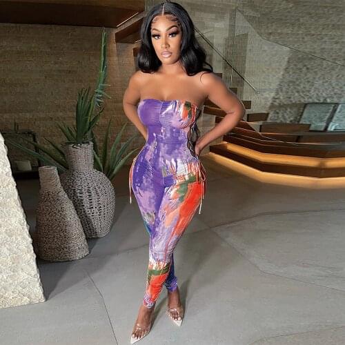 Painted Printing Retro Rompers Womens Jumpsuit Sexy Side Lace Up Hollow Out Drawstring Catsuit Streetwear Off Shoulder Outfits