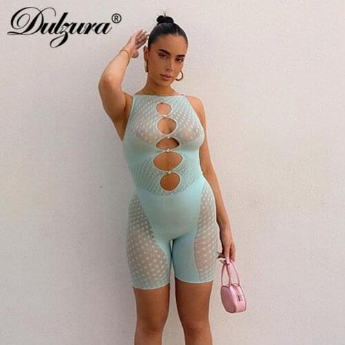 Dulzura Mesh Patchwork Women Sleeveless Hollow Out Playsuit See Through Skinny Casual Streetwear 2021 Autumn Winter Combishort