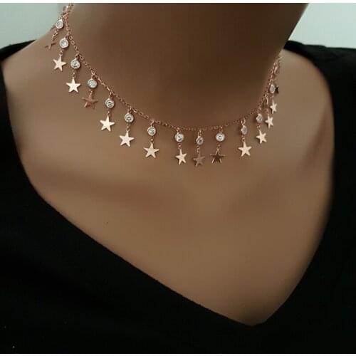 Star Choker Drop 925 Silver Rhinestone Necklace Dainty Neckalce Daily Necklace
