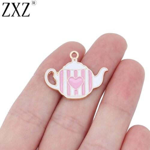 ZXZ 10PCS Enamel Pink Kettle Charms Pendants Beads For Necklace Bracelet Jewelry Making Findings 30x24mm