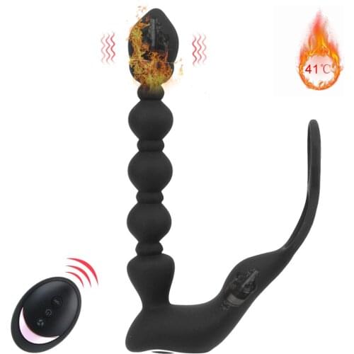 10 Speed Cock Ring Wearing Anal Beads Remote Control Prostate Massager Intelligent Heating Dual-use Vibration Butt Plug