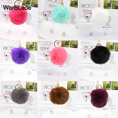 WarBLade Pompom Unicorn keychain Artificial pom poms rabbit fur ball key chain porte clef women bag car keyring llavero mujer