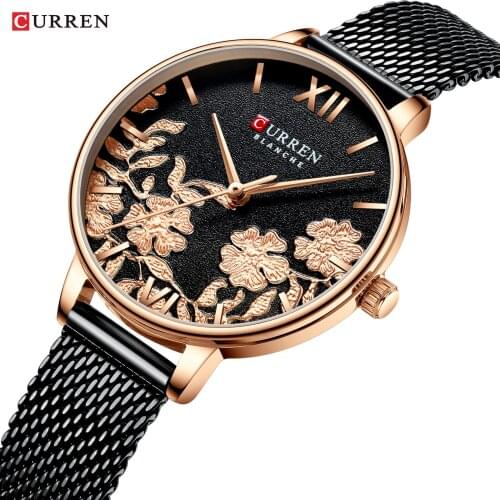 CURREN Luxury Women Watch Flower Stainless Steel Mesh Band Quartz Ladies Wristwatch Glassy Fashion Waterproof Female Clock