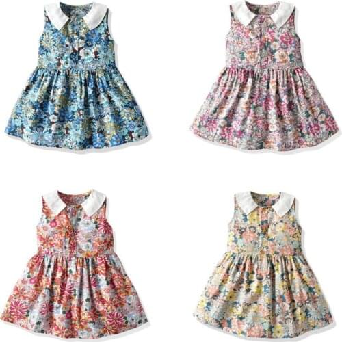 KEAIYOUHUO Baby Clothes Girls Dress 2021 Summer New Sleeveless Retro Lapel Floral Skirt Princess Dress Children Dress For Girls