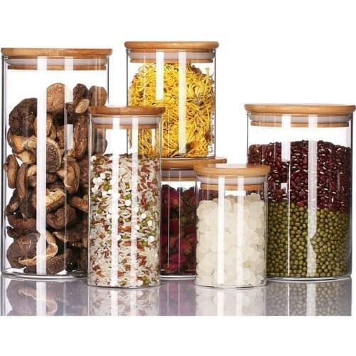 Candy Tea Bean Jar Spice Glass Transparent Container Wooden Lid Kitchen Storage Organizer Food Bottle Wood Plug Cereal Sugar Can
