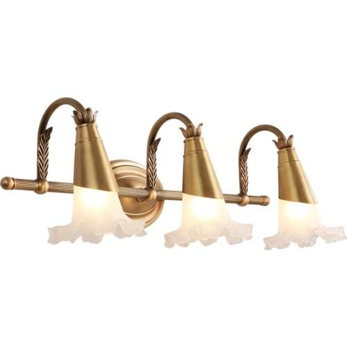 European Copper Bathroom Wall Lights American Glass Flower Shade Washroom Wall Lamp Mirror Front Wall Lighting Fixtures
