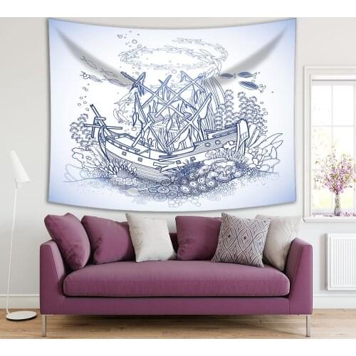 Tapestry Ancient Sunken Ship Under Water Coral Reef Fish Marine Historical Nautical Artwork Blue White Black