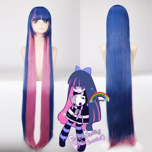 Stocking Anarchy 120cm Long Straight Blue Mix Pink Flat Bangs High Temperature Hair Panty Stocking Cosplay Wigs + Wig Cap