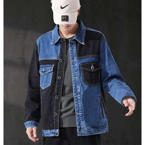 Fall new mens denim jacket fashion stitching mens denim jacket loose casual Japanese couple tops