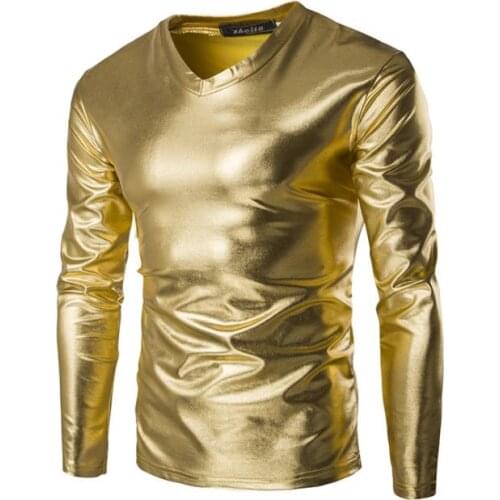 Bronzing V-neck t shirt men tshirt camisa masculina teenage fashion slim sexy Glossy t-shirts mens Long sleeve t-shirt gold