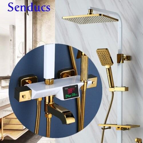 Thermostatic Shower Set Senducs Square Knob Bathroom Shower System White Gold Brass Bathtub Mixer Faucet Digital Shower Set