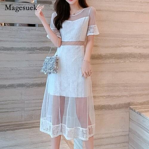 Summer New Korean Dress Women Mesh Stitching Short-sleeved Party Dress High Waist Lace Dress Sexy OL Long Dress Robe Femme 14569