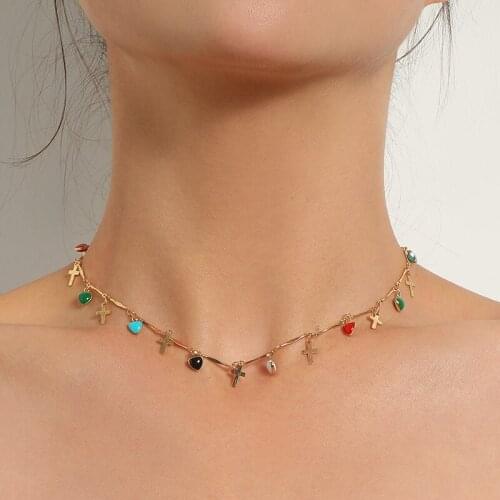 Single Laye Dripping glaze love flower cross skull pattern Pendant Clavicle Chain Women Boho Necklace Fashion Jewelry