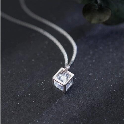 Colusiwei Real 925 Sterling Silver Minimalism Elegant Cube Square Clear CZ Pendant Necklaces Women Sterling Silver Jewelry