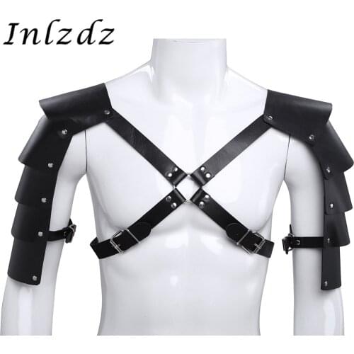 Harness Men Lingerie Faux Leather Adjustable Body Chest Harness Bondage Costume with Shoulder Armors Buckles Rivets Detailing
