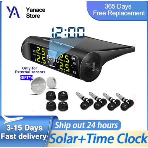 E-ACE TPMS Car Tire Pressure Alarm Monitor System Solar Power Charging Sensor Auto Security Digital Display Temperature Warning