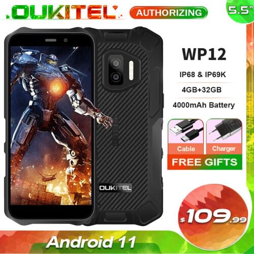 OUKITEL WP12 IP68 Waterproof Android 11 Rugged Smartphone 5.5'' HD+ Display 4GB+32GB Helio A22 NFC 4000mAh Mobile Phone