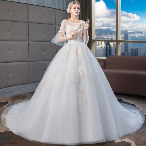 LAMYA Off-shoulder Wedding Dress 2020 New Bride Long Tail Mori Dreamy Starry Sky Korean Light Half Sleeve Bridal Gowns