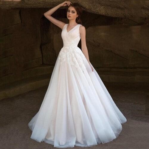 V-Neck Sleeveless Deep-V-Back With Ruched Lace Appliques Boho Bridal Gowns Tulle A-Line Wedding Dress 2020 Vestido De Noiva