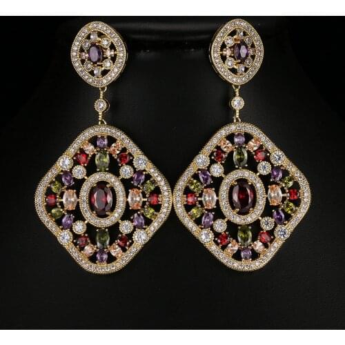 ORZTOON Vintage Zircon Wavy Square Drop Earrings For Women Luxury Colorful Gold Color Earring Trendy Female Jewelry Party Gift
