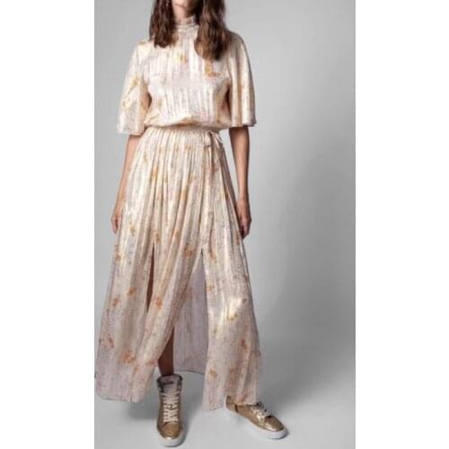 Women Short Sleeve Long Dress Floral Print V Neck Lace-Up Elastics Waist Fashion Pleated Midi Robe with Sashes 2021 New Summer