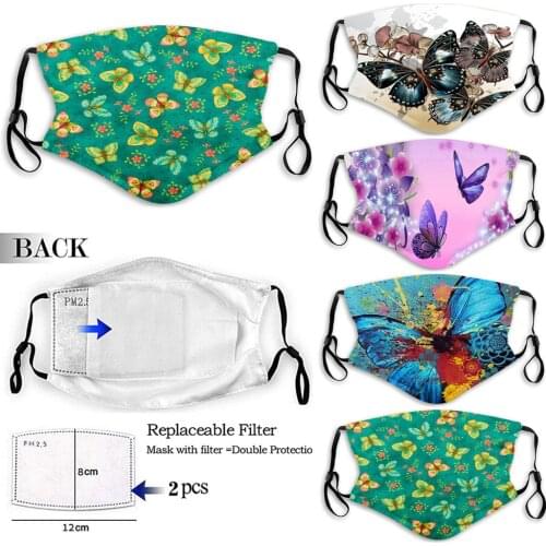1PC Unisex With 2PCS Filter Butterfly Print Adjustable Earloop Reusable Outdoor Mascarilla Monder Scarf Halloween Cosplay MasK
