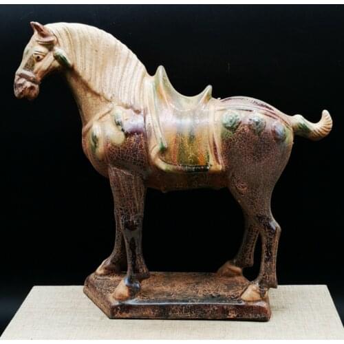 8.3" Collect Chinese Ceramics Tang Sancai Pottery Zodiac Animal War-horse Statue