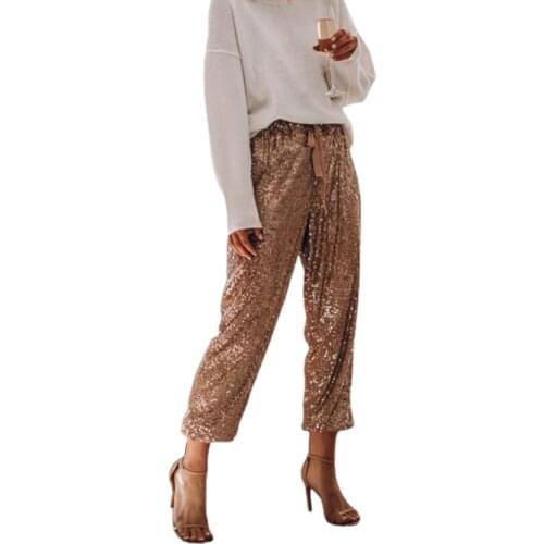 Gold Sequin Shiny Wide Beam Leg Pants Women Casual Christmas Party Harem Pants High Waist Lace Up Trousers Streetwear Party Pant