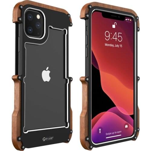 R-just Luxury Aluminum Screws Phone Case For Iphone 13 12 Pro Max Mini X Xr Xs 11 Pro Max Se 2020 Shockproof Wood Cover