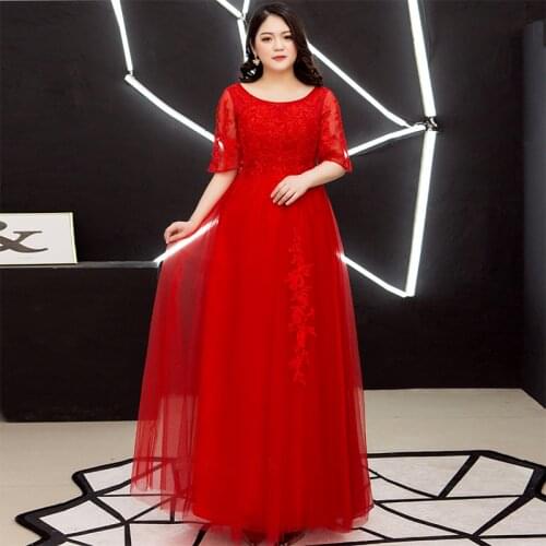 Formal Women Evening Dresses Three Quarter O-neck Red Plus Size Floor-Length Lace IIusion Party Dress Women Evening Elegant D060