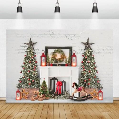 Laeacco Christmas Tree White Fireplace Brick Wall Background For Photographic Vintage Lantern Toys Photocall Poster Backdrops
