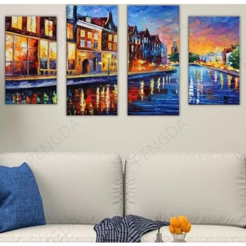 Hd Prints City Night View Canvas Painting Wall Art River Landscape Poster Modular Home Decor Bedroom 4 Panel Pictures No Frame