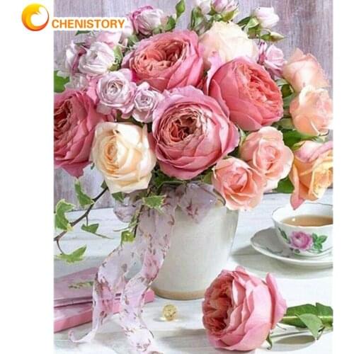 CHENISTORY Picture By Number Pink Flower Paint Kits Frame On Canvas Diy Oil Painting By Number Adults Home Living Room Art Photo