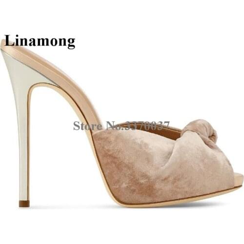Hot Selling Women Peep Toe Knotted Flip Flop Sandals Slip-on Suede Velvet High Heel Sandals Evening Dress Shoes Big Size