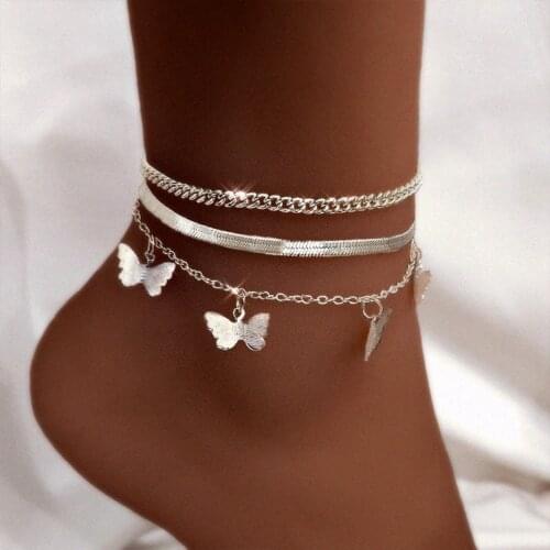 Trendy Multilayer Cute Butterfly Anklets Sets For Women Gold Silver Color Metal Anklet Bracelet Chain Summer Beach Foot Jewelry