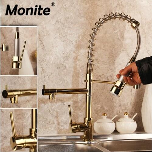 Monite Solid Brass Gold Polish Kitchen Faucet Golden Vessel Sink Swivel Faucet Washbasin Mixer Taps with Pull Down Spray
