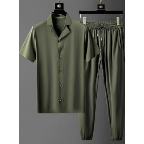 Classic Summer Mens Sets (t-shirt+pants) Luxury Solid Color Short Sleeve Thin Male Sets 4xl Elastic Waist Slim Man Sets