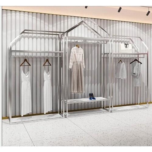 Mens silver stainless steel brushed shelves floor-to-ceiling clothing store display racks