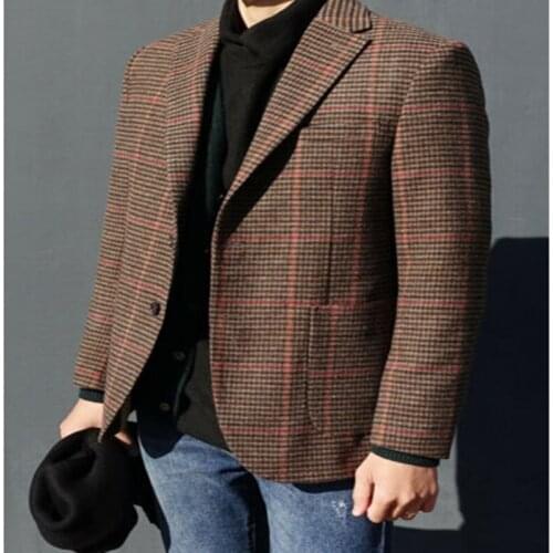 2020 Brown Blazer Herringbone Windowpane Wool Blend Suits Jacket Men Vintage Tweed Notch Lapel Two Button Blazer Check
