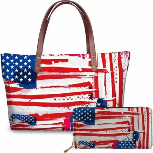 ELVISWORDS Fashion USA Flag Print Handbags&Wallet Set Luxury Design Women Shoulder Bags Handbag Female PU Purse Bolsa Feminina