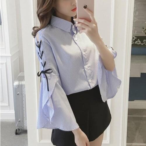 Spring new ladies Shirt Korean loose Female Blouses Tops long Trumpet Sleeves Bow youth Girl shirts Womens Bluas Caluas Shirts