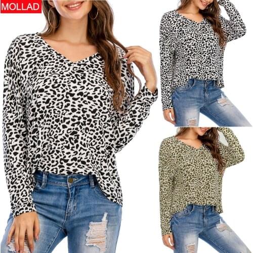 Fall 2021 New Leopard Print Womens Printed Wear T-shirt Europe and America V-neck Long Sleeve Top